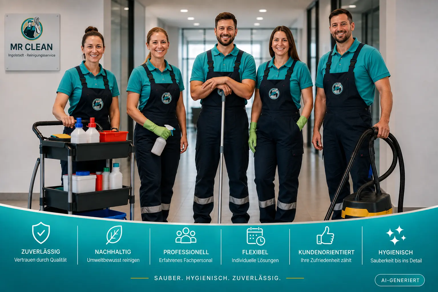 Reinigungsteam von MR Clean in Arbeitskleidung mit Reinigungswagen in einem Objekt in Ingolstadt